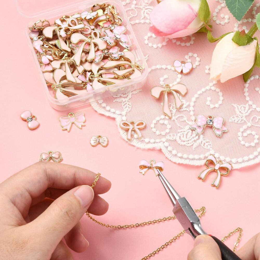 4325 60 pcs 10 Styles Enamel Bow Charms Pink Bowknot Charms Kawaii Bow Tie - Picture 5 of 7
